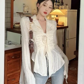 Deeptown 페어리코어 레이스업 블라우스 여성용, 긴팔, 턴다운 칼라 셔츠, 여성 크롭탑, 한국 패션, 시크, 신상