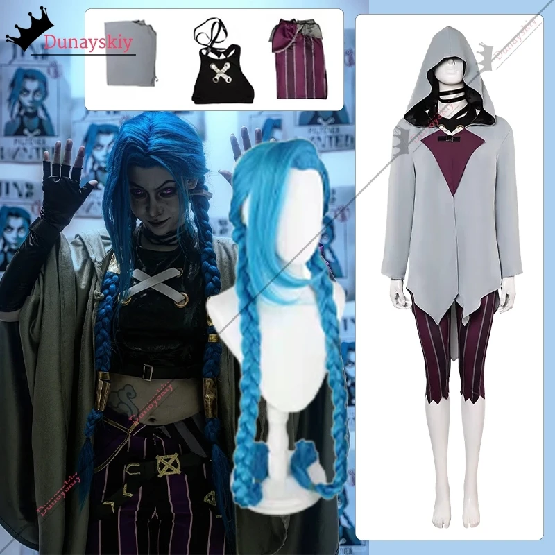 Arcane Cos LOL Powder Jinx Косплей Костюм Накидка Женский Костюм Брюки Парик Комплект Одежды Для Девочек Наряды Хэллоуин Вечеринка Ролевая Игра Костюм8