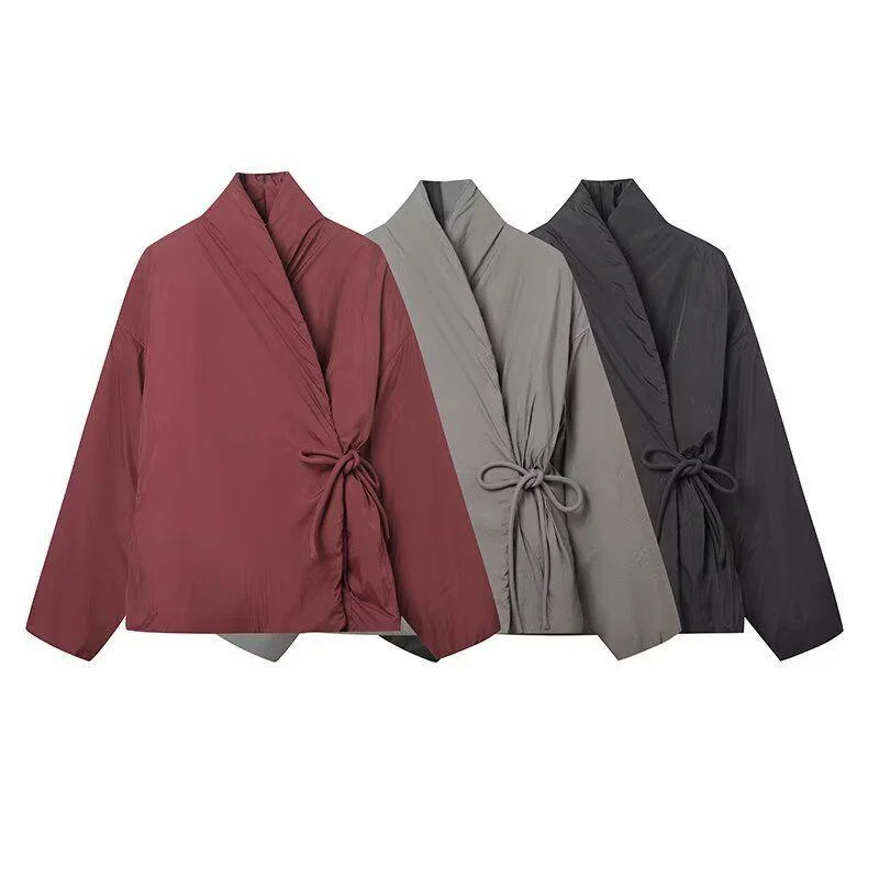 Women‘s Puffer Jackets Black Kimono Wrap Side Tie Oversized Loose Cropped Padded Long Sleeve Warm Winter 2026 Coats Casual Daily