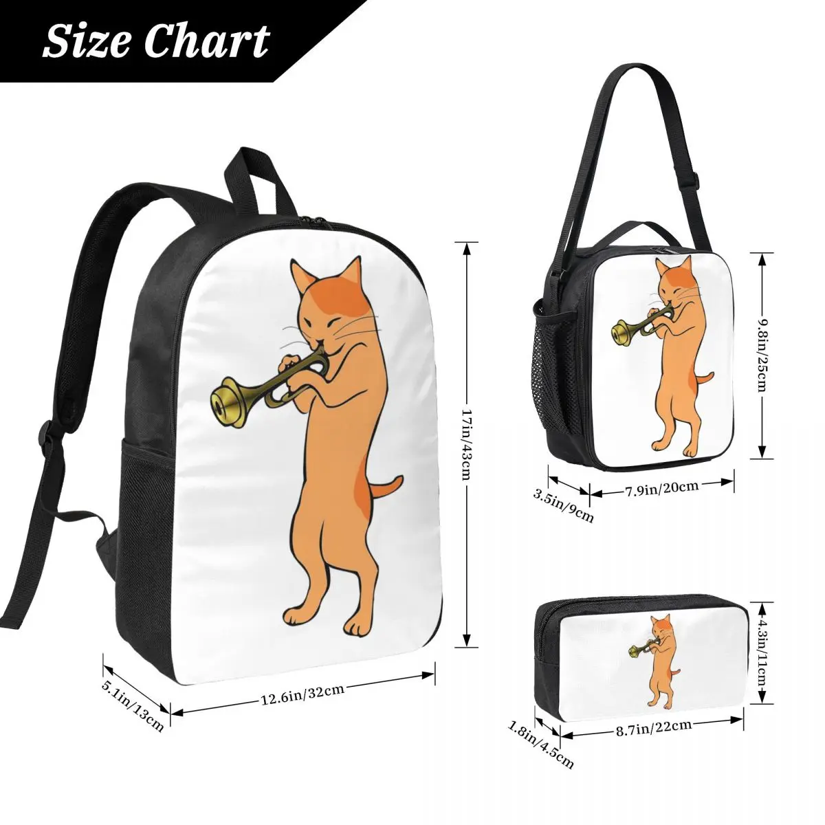 Music Lover Cat Playing Trumpet Backpack Boys Girls BookBag School Bag Laptop Shoulder Bags 3ps Insulated Lunch Bag Pencil Case