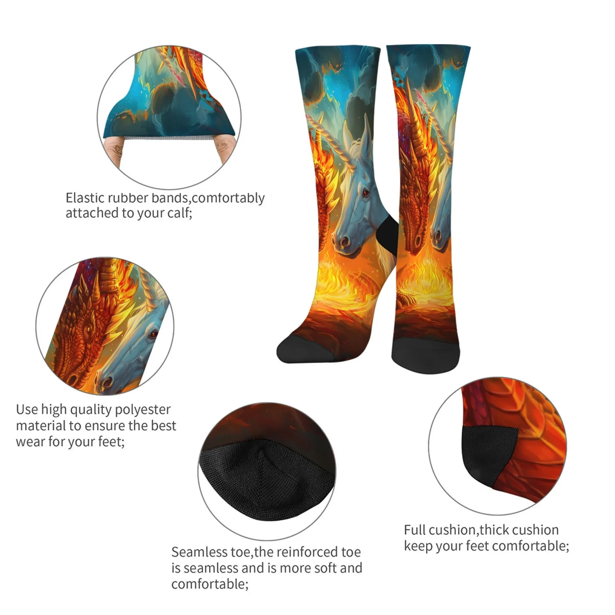 Bunte Fantasy-Drachen- und Einhorn-Crew-Socken, Socken mit mythischem Kunstdruck, einzigartiges Geschenk für Fantasy-Fans und Streetwear-Enthusiasten