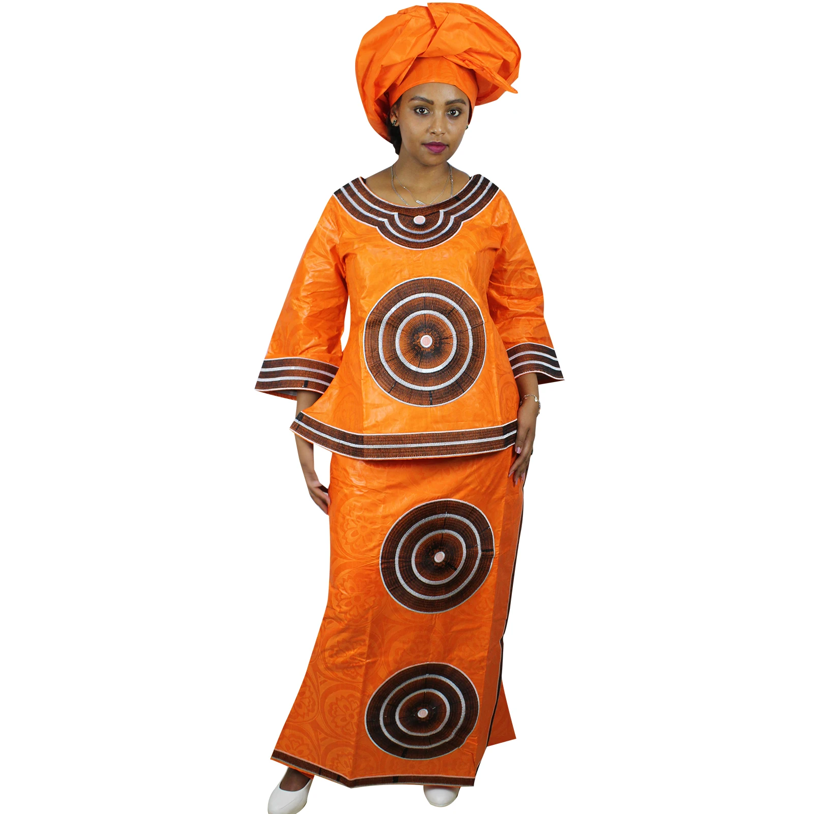 African Dresses For Women 3/4 Sleeve Top With Wrapper And Scarf 3pieces One Set 2 Size Smaller Than Us Size