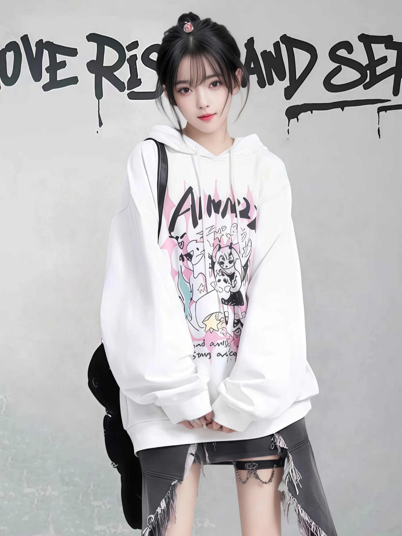American Cartoon Print Oversized Anime Hoodies Lazy Casual Loose Versatile Long Sleeve Sweet Cool White Sweatshirts Women Autumn