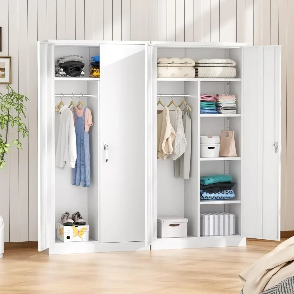 Wardrobe Closet, 72" Armoire Wardrobe Cabinet-Functional Clothes Storage with Hanging Rail, White Storage Cabinet, Metal Cabinet image 6