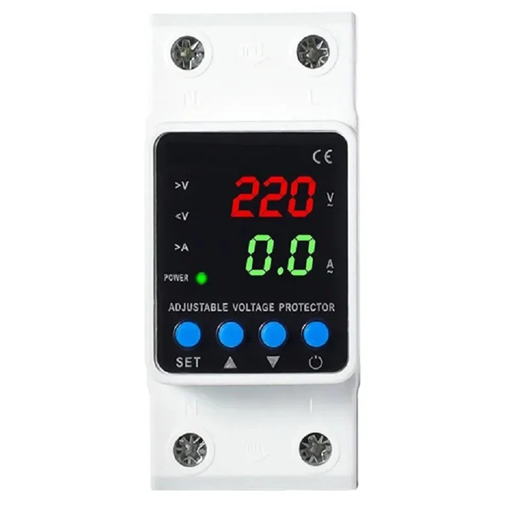 1-63A 80-300V Over Under Voltage Overcurrent Protector Auto Reclosing Dual Display 35mm DIN Rail Mount Circuit Safety Device