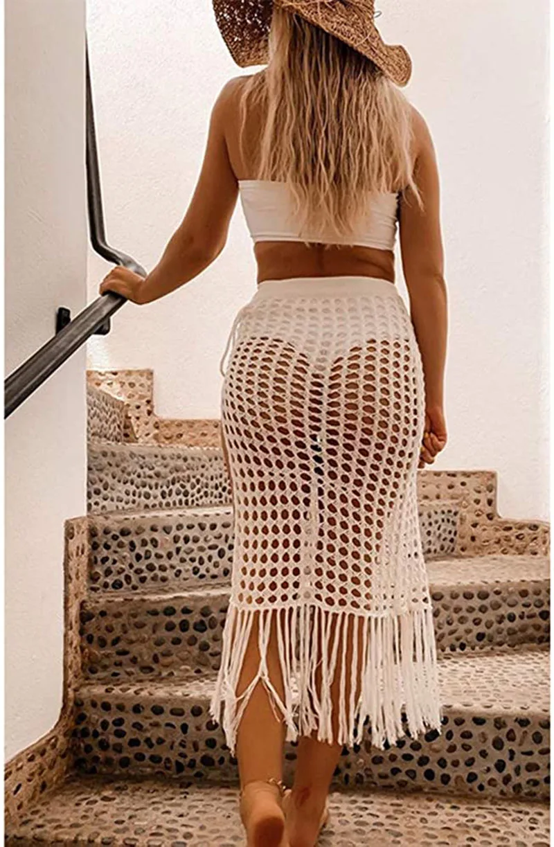 Frauen Sexy Bikini Cover Up Sheer Aushöhlen Strand Kleid Maxi Stricken Rock Split Quasten Häkeln Cover Up Röcke beachwear Sommer