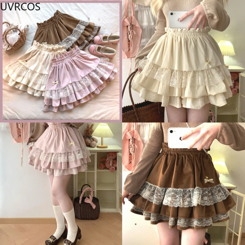 Imagem -06 - Saia Lolita de Veludo Feminina Saias de Cintura Alta Renda Laço de Coelho Estilo Feminino Preppy Elegante Linha a Japonesa Kawaii Doce Festa