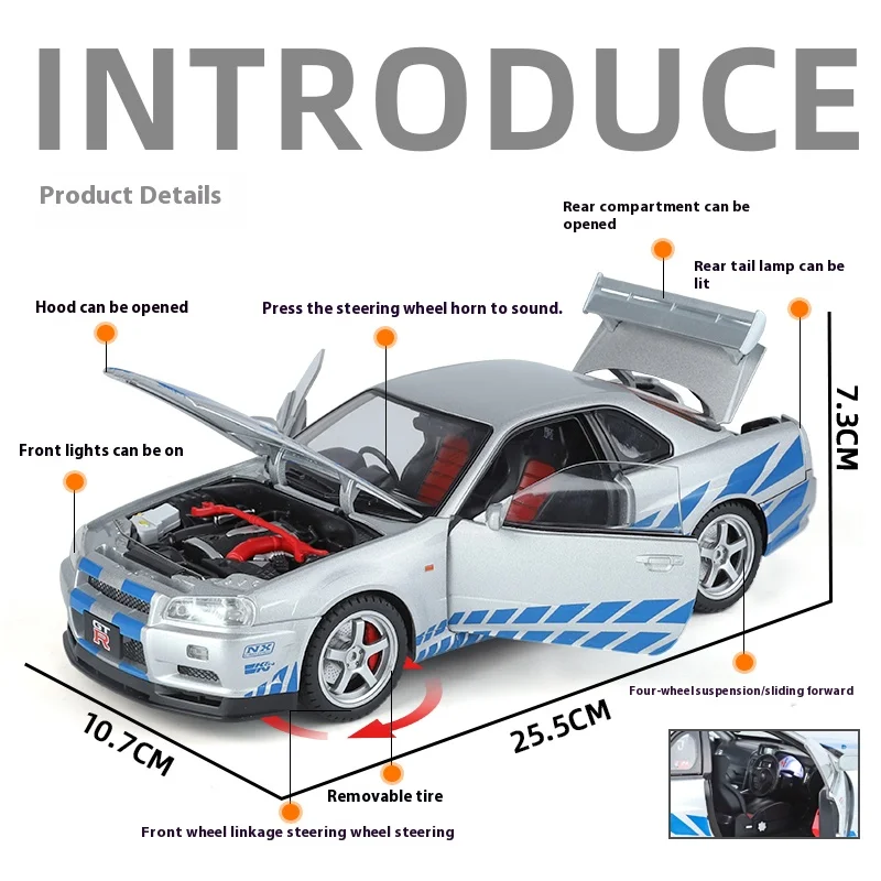 Odlewany model samochodu Nissan Skyline GT-R R34 w skali 1:18 – bardzo szczegółowa replika kolekcjonerska – wybór prezentów dla chłopców