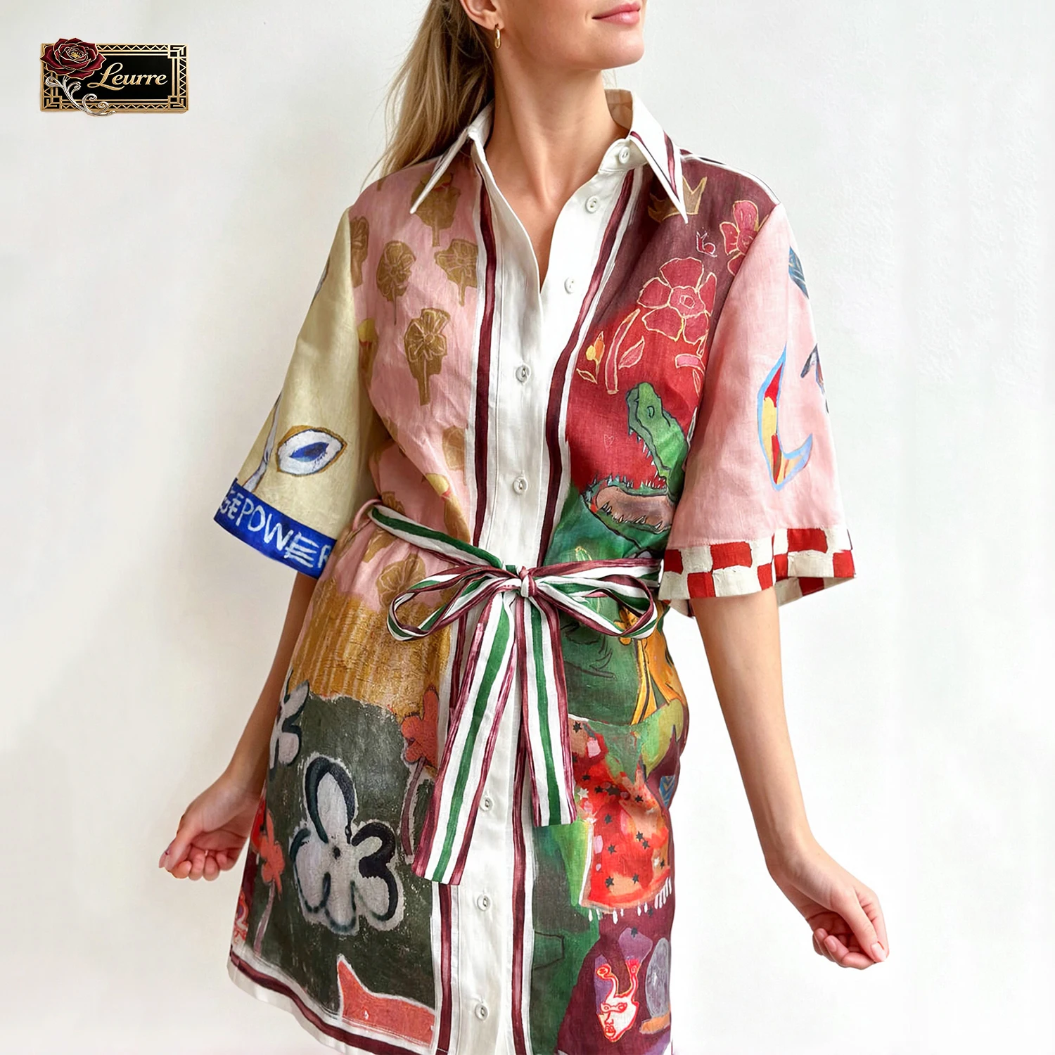 Art Painting Color Block Floral Print Linen Style Mini Shirt Dress Women Short Sleeve Vintage Holiday Bohemian Casual Wrap Dress