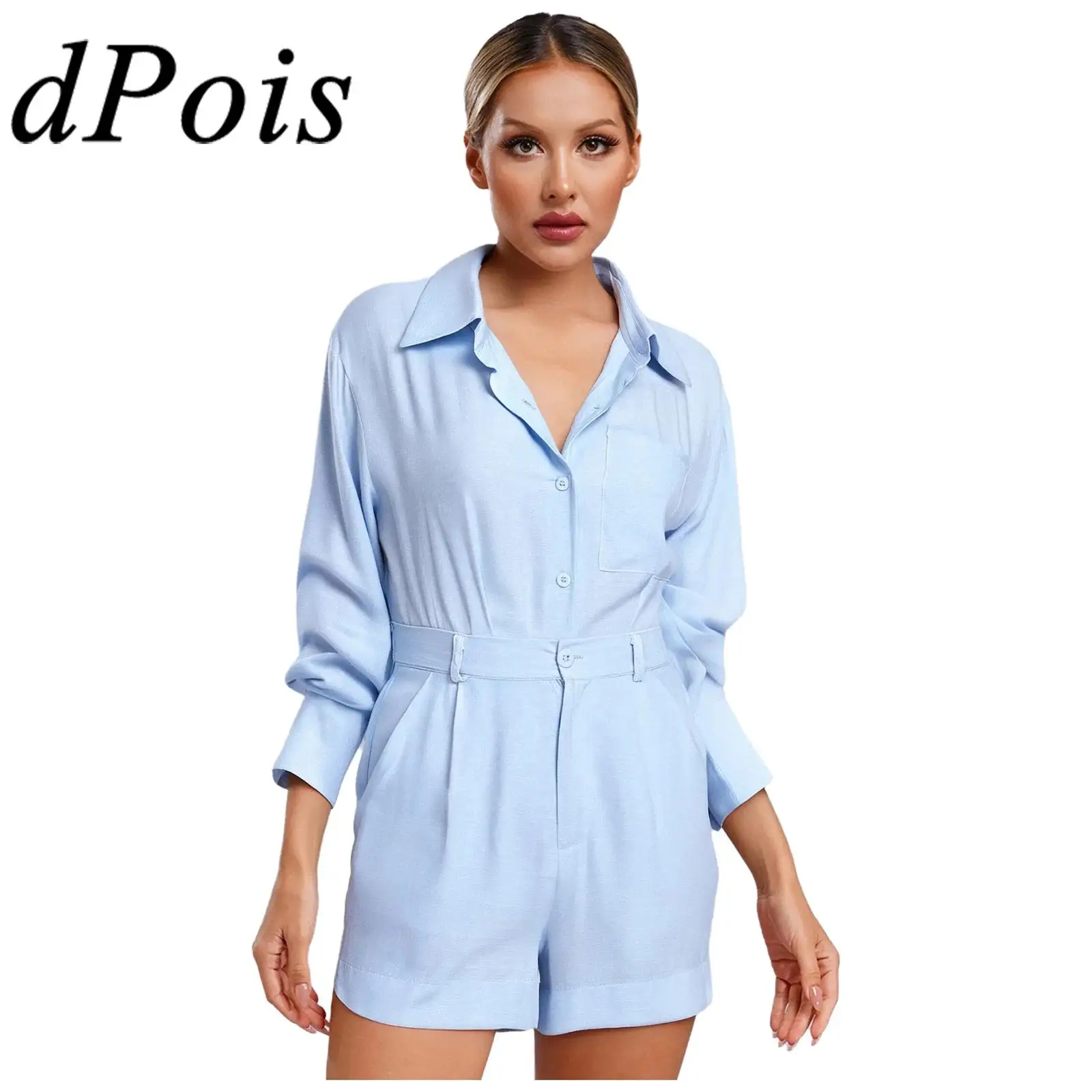 

Women Fashion Sets Commute Outfits Solid Color Party Suit Long Sleeve Lapel Tops Shirt with Shorts for Work Casual Daily Wear