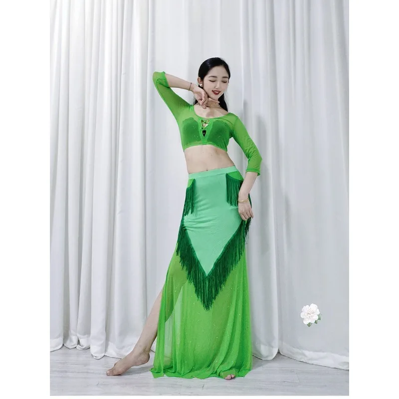 Customized Swegal Belly Dance Practice Outfit Leopard Print Top Modal Mesh Patchwork Tassel Long Skirt Fusion Style Inspiration