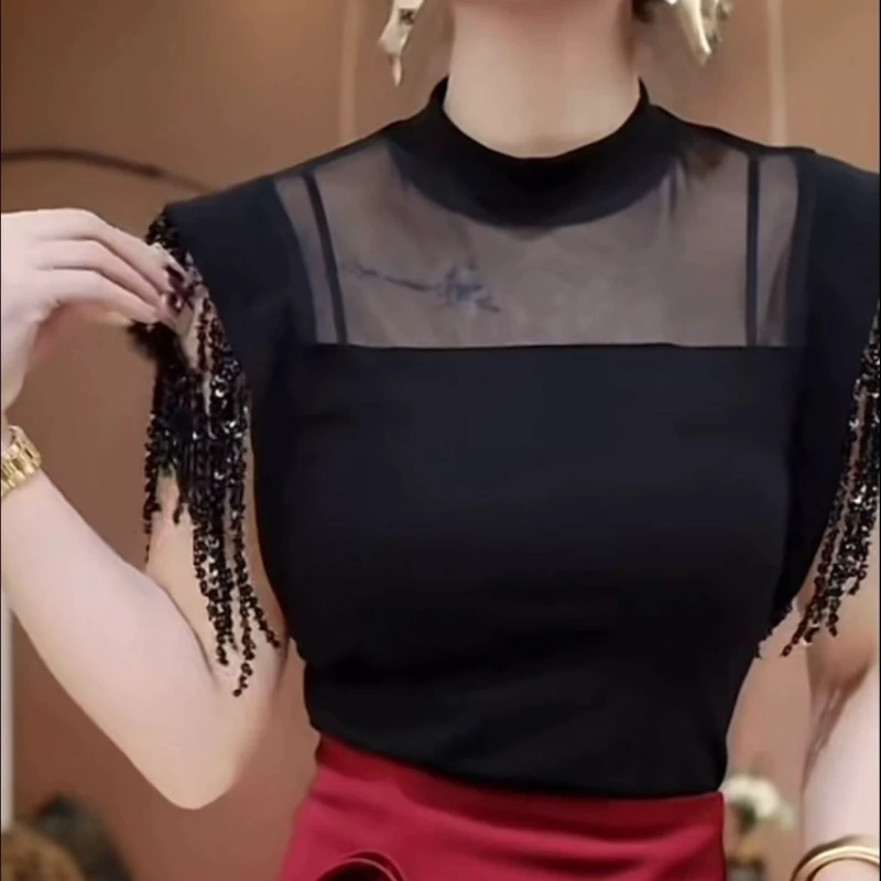 

New O-neck All-match Tassel Patchwork Elegant Tops Summer Solid Simplicity Temperament T Shirts Fashion Korean Women Clothing