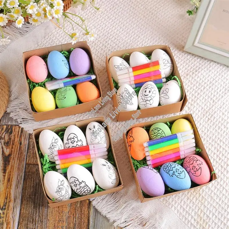 A33R-6 Uds. Huevos pintados a mano DIY de Pascua 2024 huevos de dibujos animados regalo hecho a mano para niños Kit de pintura de huevos de Pascua fácil instalación-D