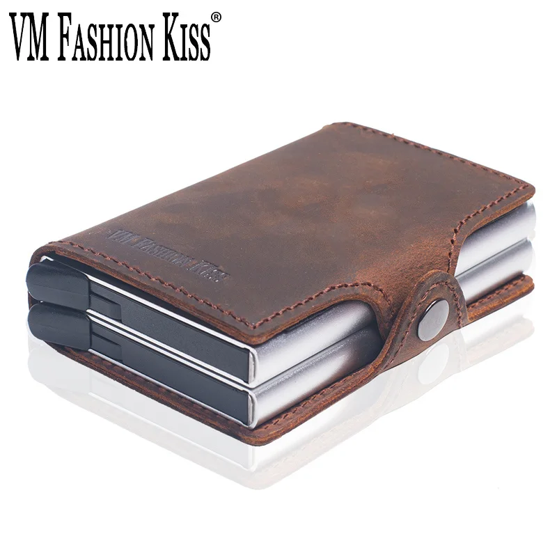 

VM FASHION KISS Brand 100% Leather Mini RFID Blocking Wallet Security Porte Carte Credit Card Holder Metal Purse Wallet For Men