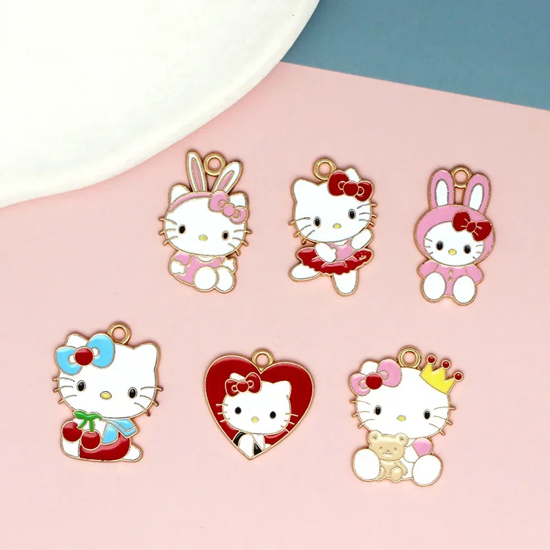 10PCS Sanrio Pink Hello Kitty Cartoon Character DIY Accessories Necklace Pendant Keychain Pendant Ornament Material Accessories