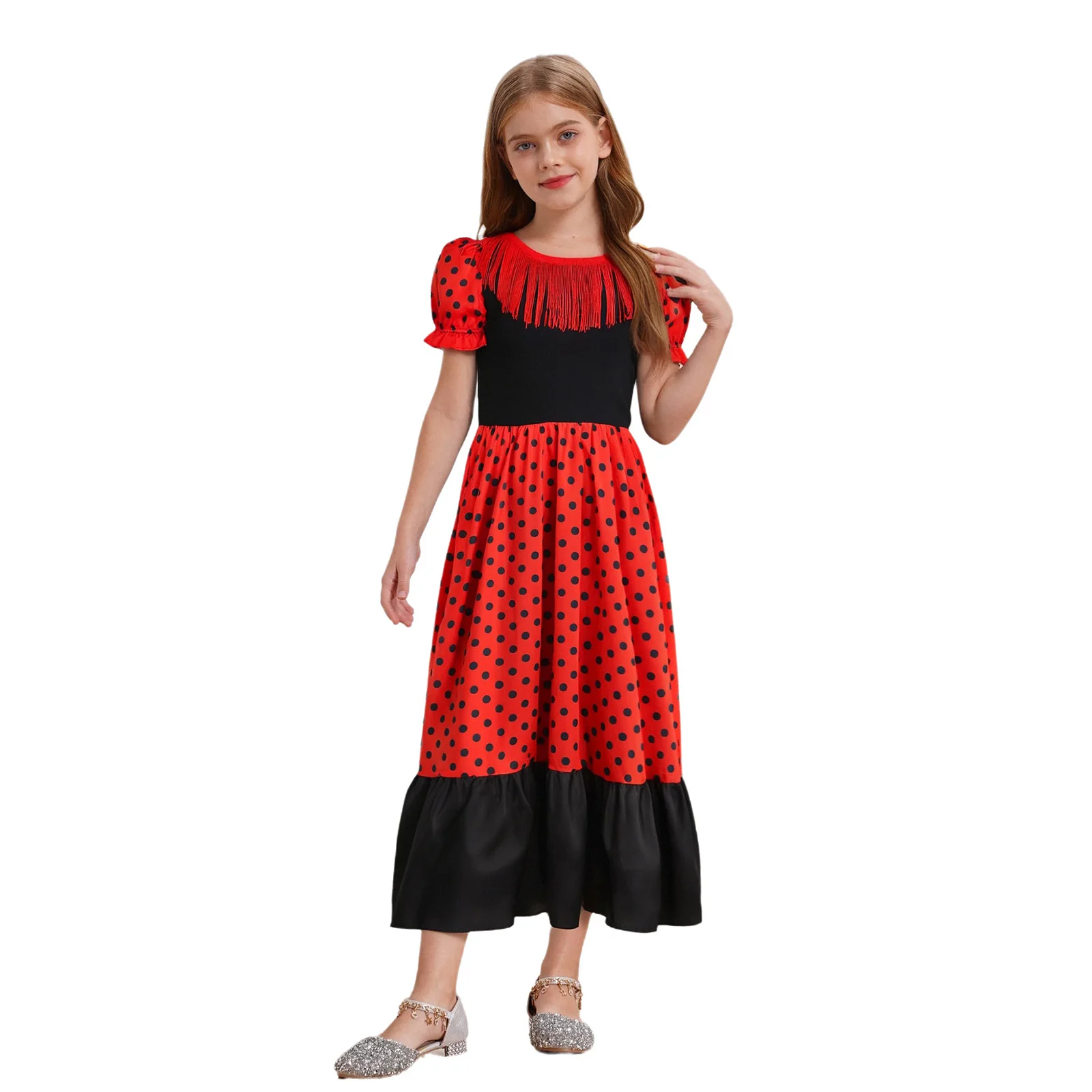 Kids Girls Flamenco Dance Dress Halloween Performance Costume Tassels Round Neck Short Puff Sleeves Dots Color Block Midi Dress