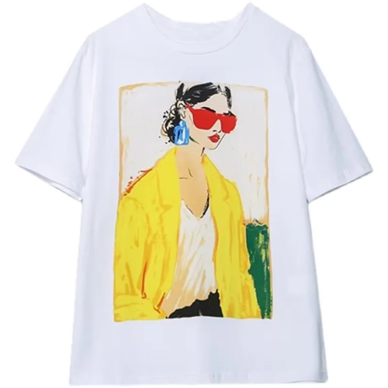 T-shirt stampata bianca Faionable per ragazze Trendy Commute Sle round Ne ort Sve Top da donna in cotone taglio dritto