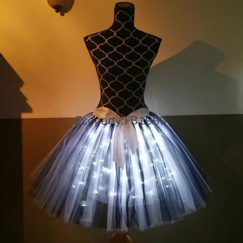 Led Light Up Tutu Skirt for Women Black White Mesh Electric Syllable Luminous Tutu Mini Skirt Female Party Rave Outfit Dancewear