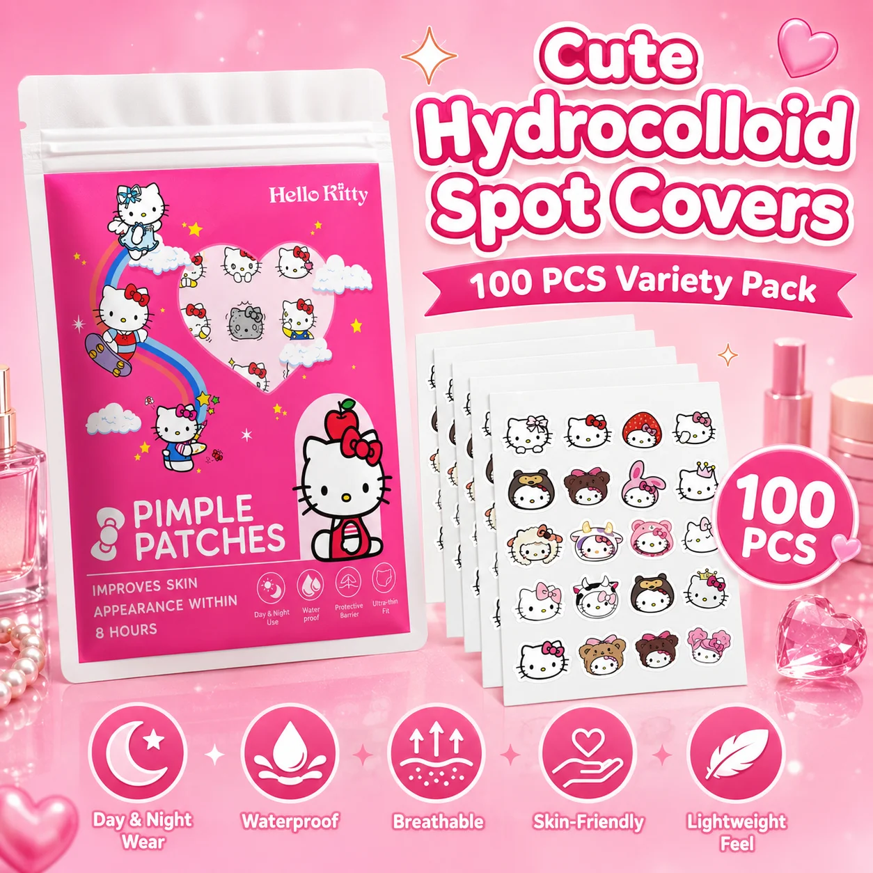 100PCS hello kitty Acne patches, facial acne patches, hydrogel acne removal patches, concealer