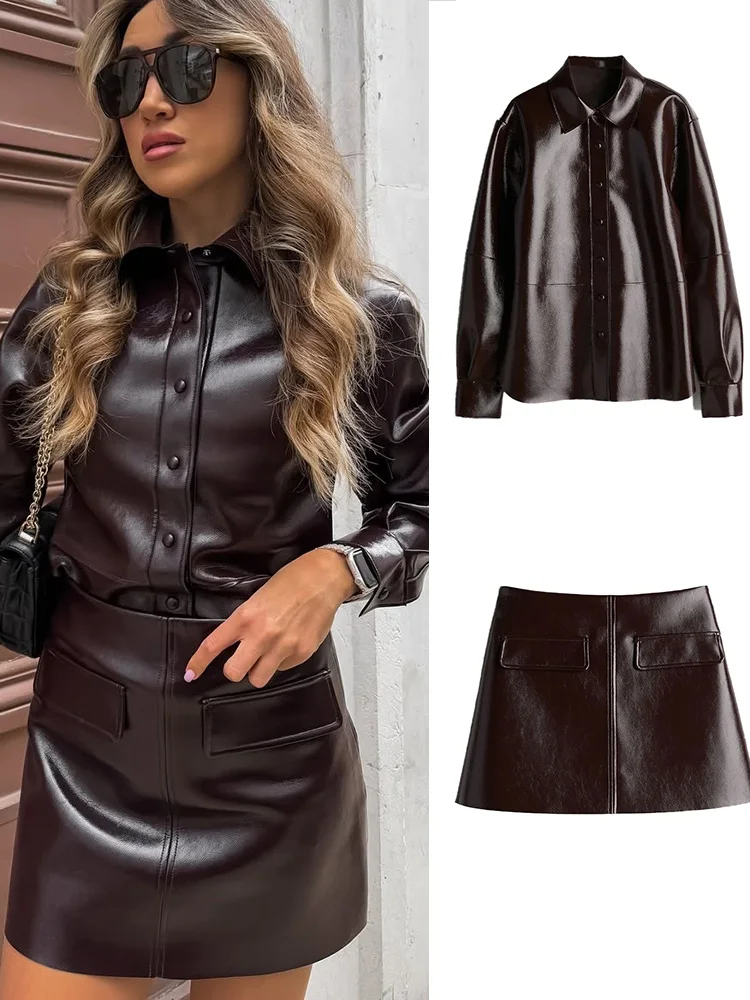 Street Leather Mini Skirt Sets For Women Long Sleeve Bike Jacket Hip Package A-line Skirt Suits 2025 Spring Motorcycle Outfits