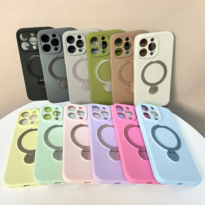 Original Liquid Silicone Soft Case For Apple iPhone 16 15 14 13 Pro Max 16Pro For Magsafe Magnetic Ring Holder Kickstand Cover