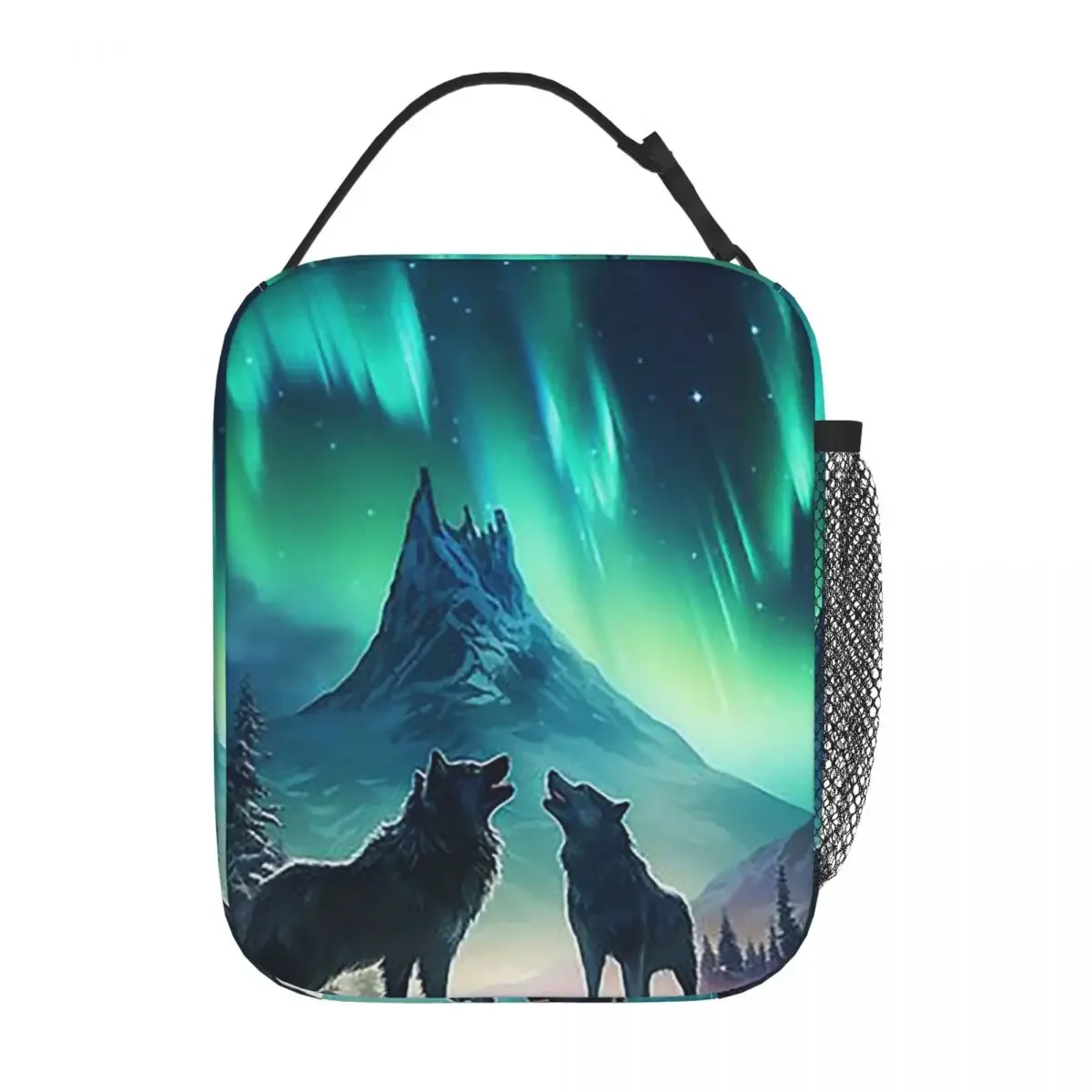 Wolf Northern Light Aurora Borealis Scenery Mountains Rivers Trees Insulated Lunch Bag Portable Food Boxes Lunch Box Tote