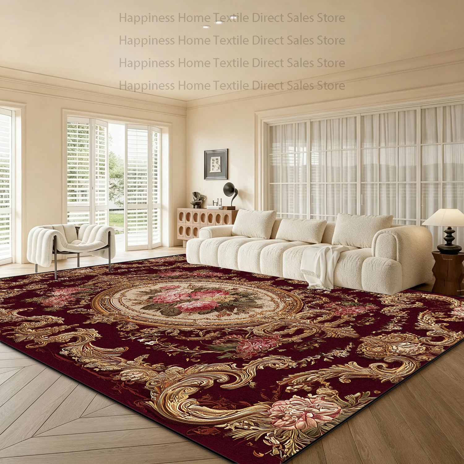 European Retro Red Living Room Coffee Table Carpet Decoration Bedroom Non-slip Washable Rose Mat Soft Plush Office Sofa Area Rug