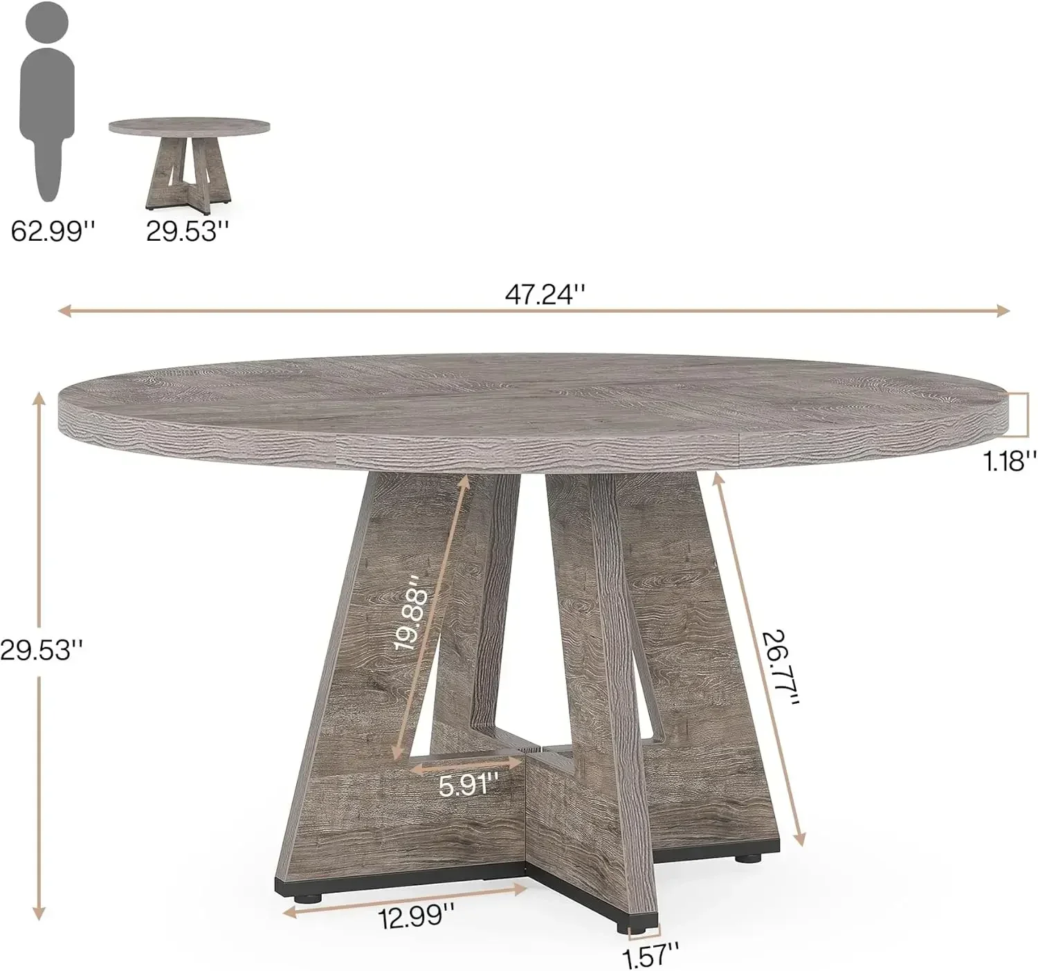 Farmhouse Dining Table, 47 Inch Round Dinner Table for 4 (Grey)