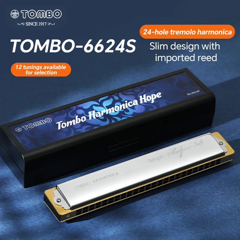 TOMBO 6624S 24 Holes Tremolo Harmonica Polyphony Diatonic C Key 24 Hole Profession Harmonica Beginners Kids Aldults Sliver