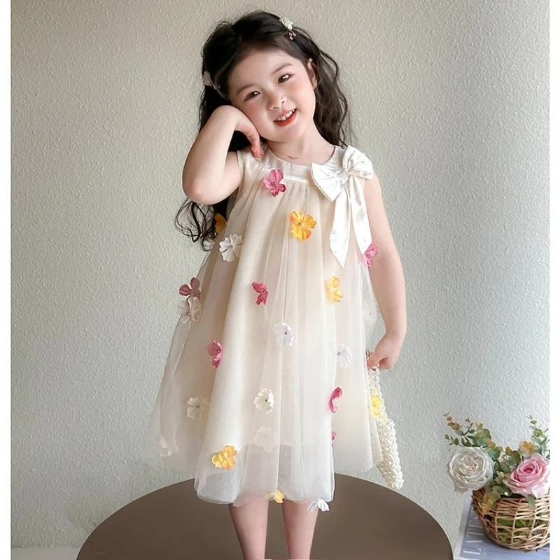 Piano Performance Birthday Party Travel Outfit Kids Flower Girl Elegant Party Gown Fashion Summer Girls Floral Mesh Dress