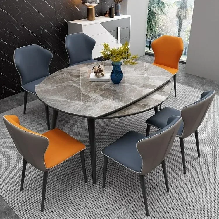 Furniture Grey Sintered Stone 6 Chairs Oval Dining Room Table Extendable Round Dinning Table Set