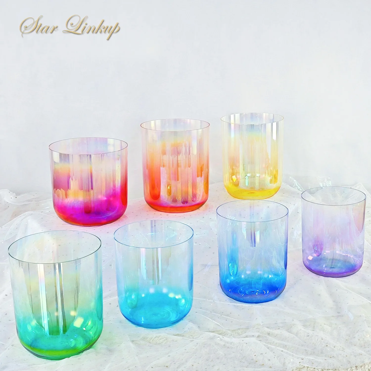 STAR LINKUP Iridescent 432Hz 7-8.5 Inch Alchemy Clear Quartz Crystal Singing Bowls Set with Carry Bag and Accessories, Rainbow Chakra Sound Bowl for Meditation, Yoga, Healing, Sound Bath, Chakra Balancing and Spiritual Gift