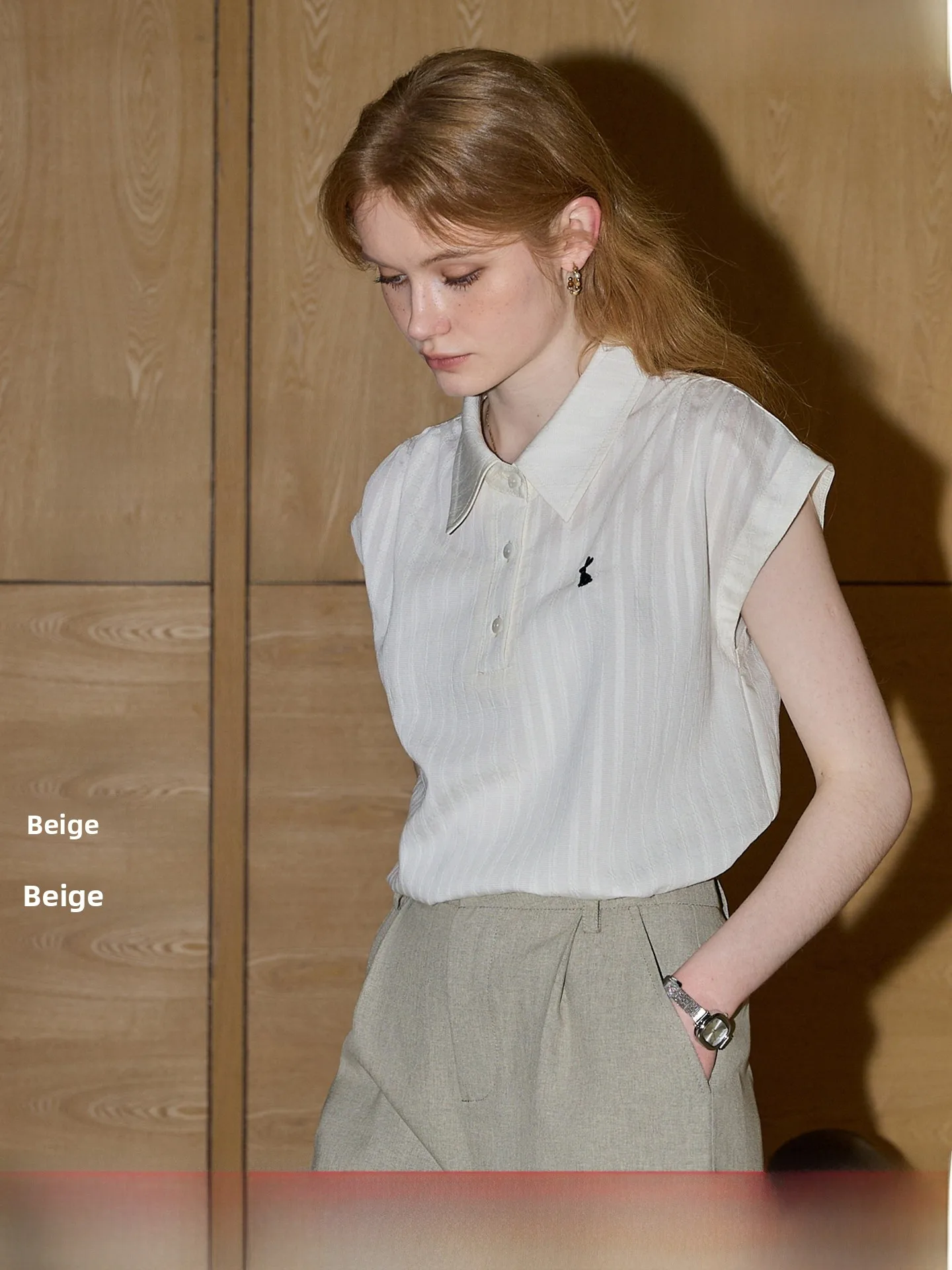 

Elegant Sleeveless Shirt for Women Summer Commute Style White Vertical Stripes Embroidery KUHNMARVIN Breathable Casual S...