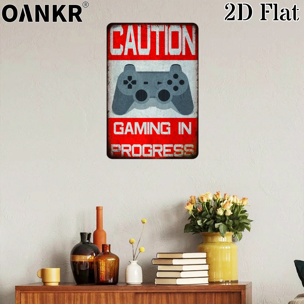 Vintage Art Gaming Poster Metal Tin Sign, Caution Gaming In Progress Controller Metal Signs for Man Cave Gamer Room Wall Decor