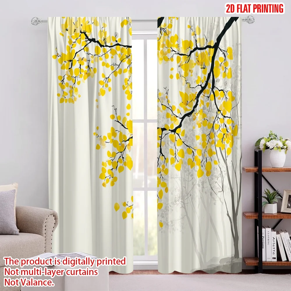 2pcs 2D flat printing Window Curtains Yellow Leaves Branches Tree Digital Printed Polyester Drapes Festive Holiday Use for