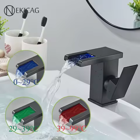 LED Bathroom Basin Faucet Waterfall Outlet Black Cold And Hot Mixer Deck Installation Crane Kitchen Sink Tap With Light