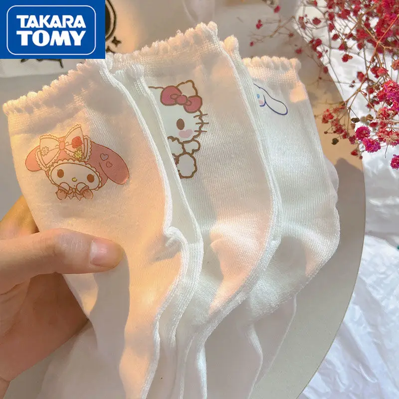 

TAKARA TOMY Hello Kitty Spring and Summer Cartoon Cute Cotton Mid-tube Jk Socks Student Lolita Sweet White Simple Socks