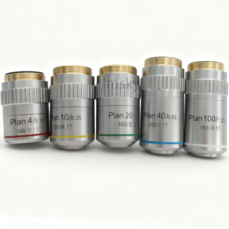 Lente objetivo acromática de Plan de microscopio, tamaño de montaje de 20,2 RMS, 4X, 10X, 40X, 100X, objetivos de microscopio metalogúrgico biológico