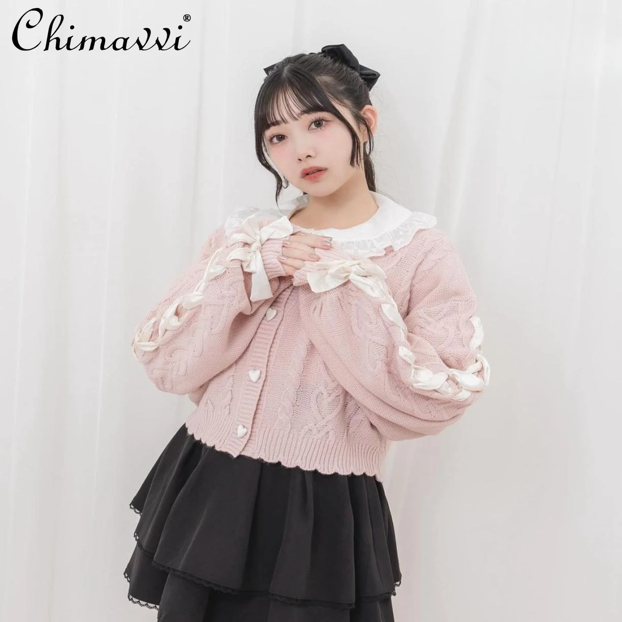 

Осенне-зимний японский новый милый короткий вязаный кардиган с пряжкой и лентой Y2k, свободный женский свитер, пальто