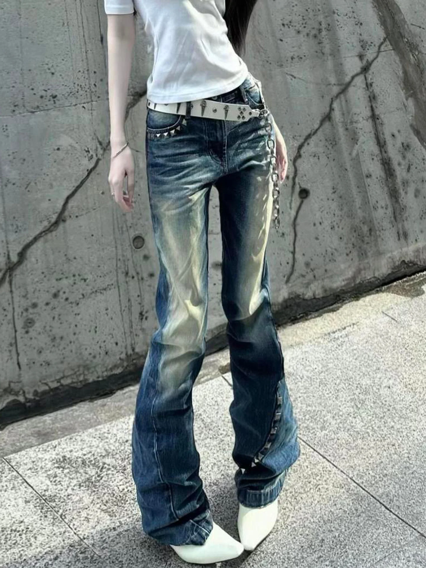 American Vibe Washed Vintage Rivet Bell Bottom Jeans Women Fashion Sexy Slimming Wide Leg Draping Long Trousers