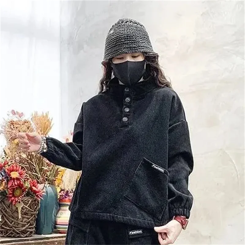 Add Velvet Autumn Winter New Corduroy Sweater+Pants Long-Sleeved Tops Loose Fashion Mother Sets Women\'s Overalls Two-Piece Suit