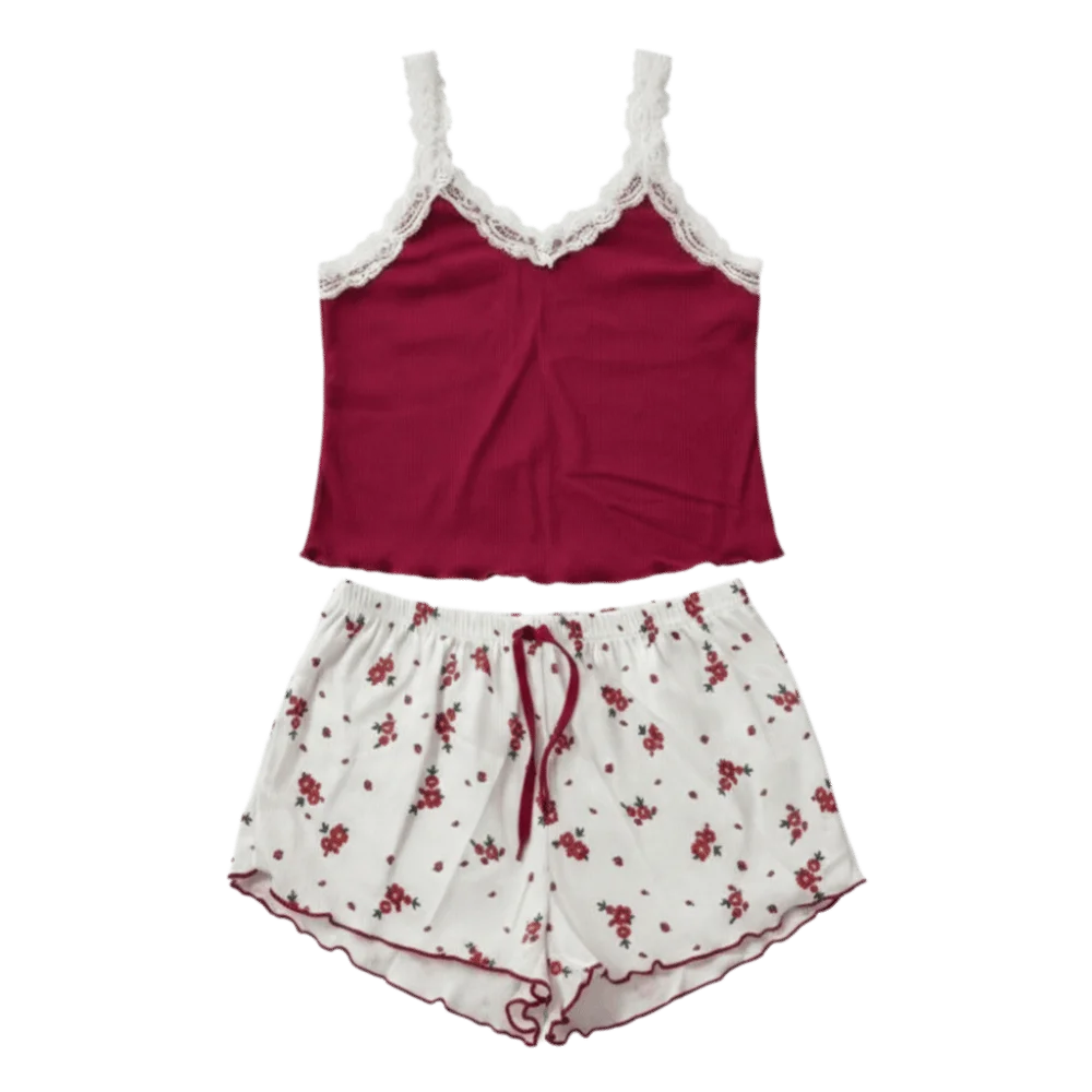 2 PCS Nighties Suit V-Neck 2Pieces Pajama Set Flower Patchwork Summer Camisole Shorts Lace Sweet Women Sleepwear Women
