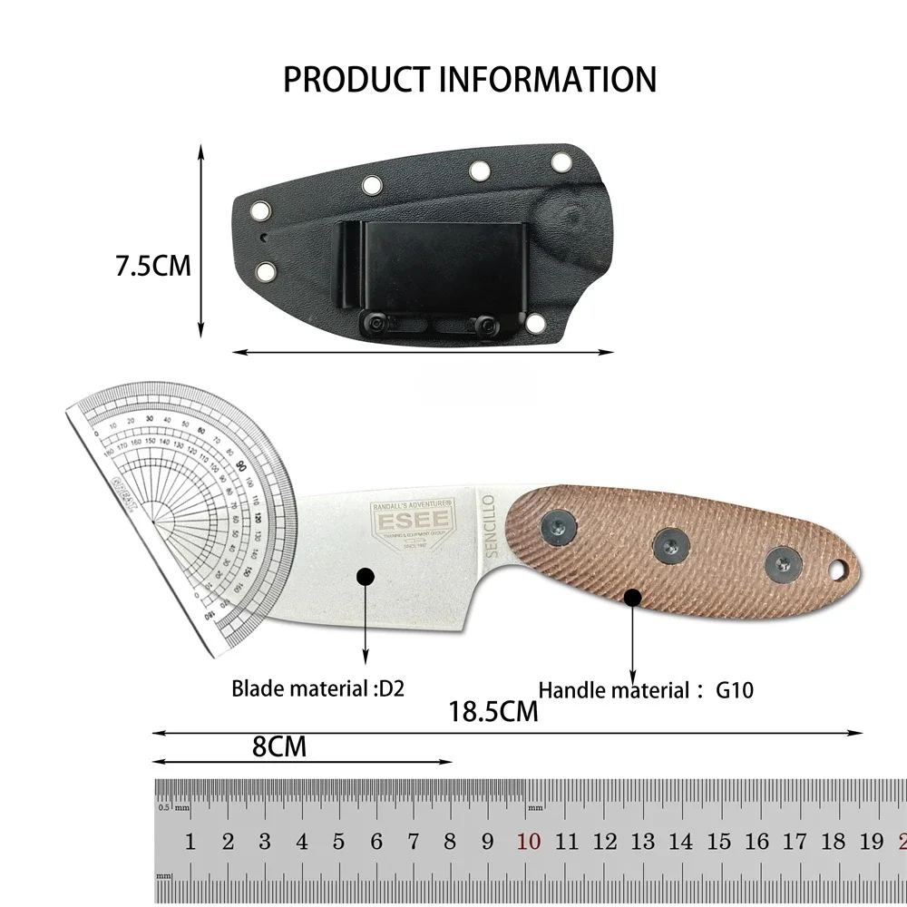 ESEE S Coltello a lama dritta Coltello tattico da esterno Coltello da sopravvivenza da campeggio EDC di alta qualità Lama D2 Manico G10 con fodero Kydex