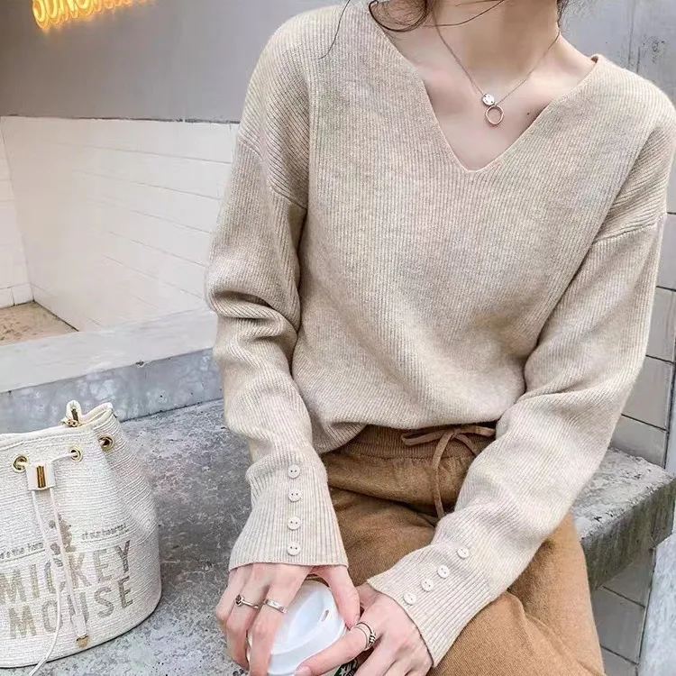 Primavera 2025 moda mujer Color sólido suelto Casual moda cuello pico manga larga suéter tejido jerseys ropa femenina camisetas
