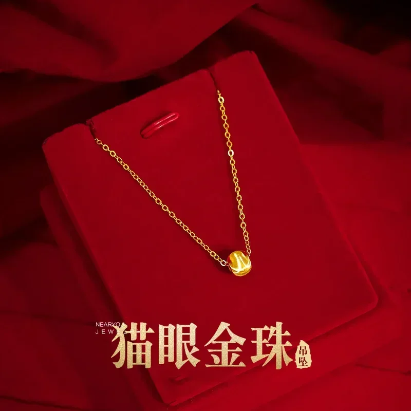 

9999 Real Gold 24K Cat's Eye Gold Bead Clavicle Necklace Female Gold Edition Car Flower Cat's Eye Ball Pendant