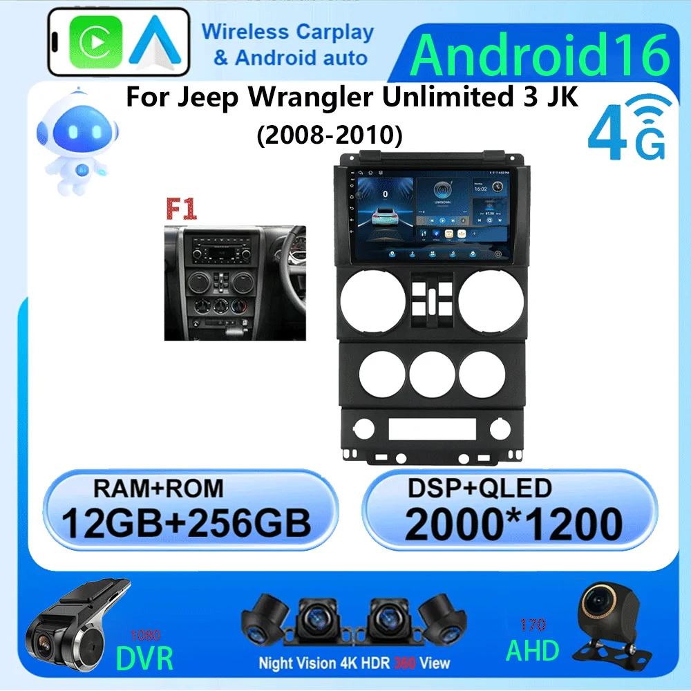 

CarPlay Android 16 For Jeep Wrangler Unlimited 3 JK 2008 - 2010 360 Camera Car GPS Navi Head Unit Radio Auto 4G LTE WiFi DVD