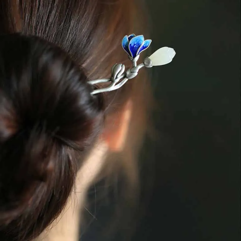 Original vintage silver inlaid natural Hetian jade enamel porcelain orchid hair accessories ethnic style charm hanfu accessories