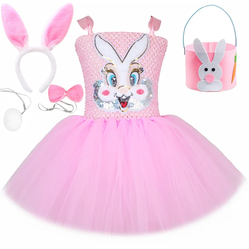 

Girls Pink Easter Bunny Costume Kids Cute Animal Rabbit Tutu Dress Up Clothes Toddler Girl Halloween Birthday Party Tulle Dress