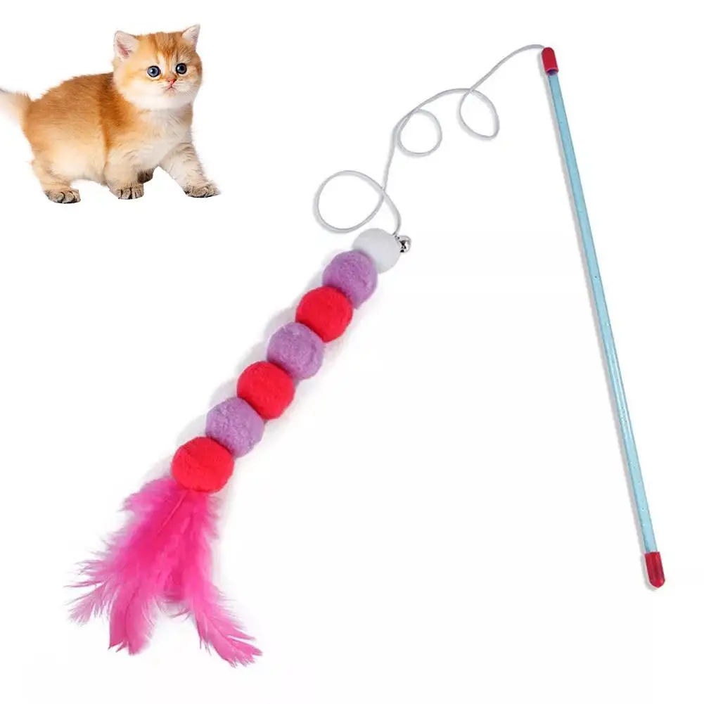 Single Cat Teasing Pole Cat Toy Interactive Toy Soft And Wool Ball Bell Beading Cat Feather Accessories R4S1
