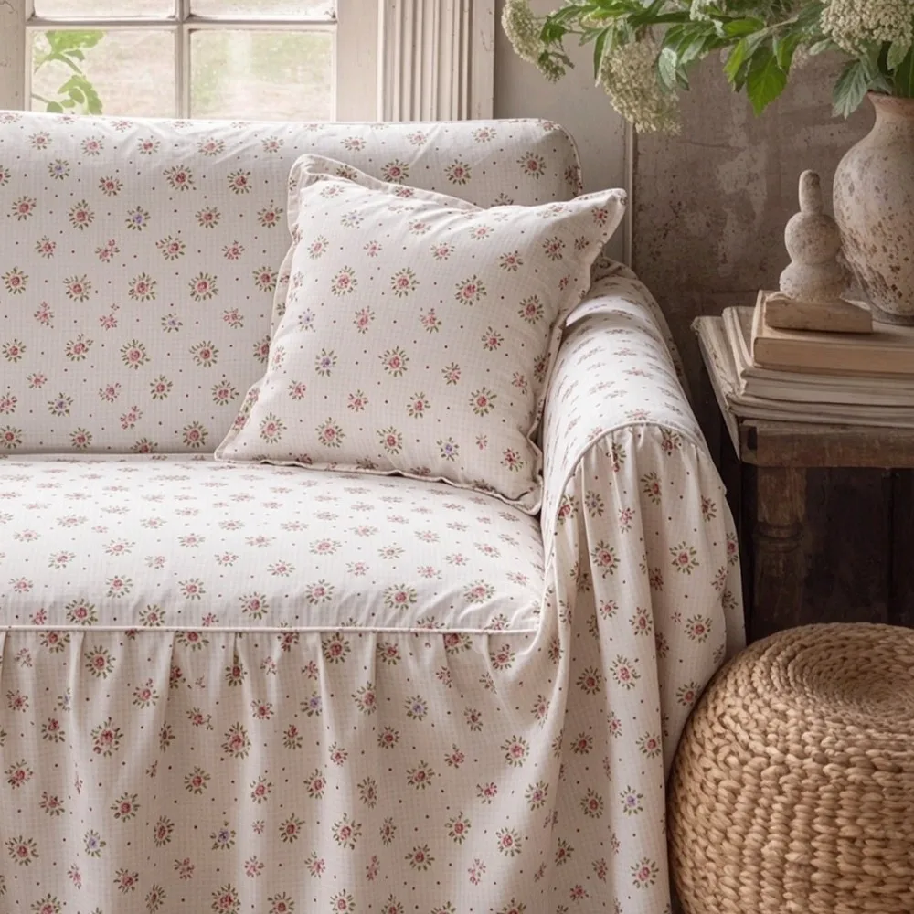 French Cream Style Fresh Classic Floral Versatile All-season Pure Cotton Sofa Towel Cover 2 and 3 Seater Sofa Cover Whole Cover